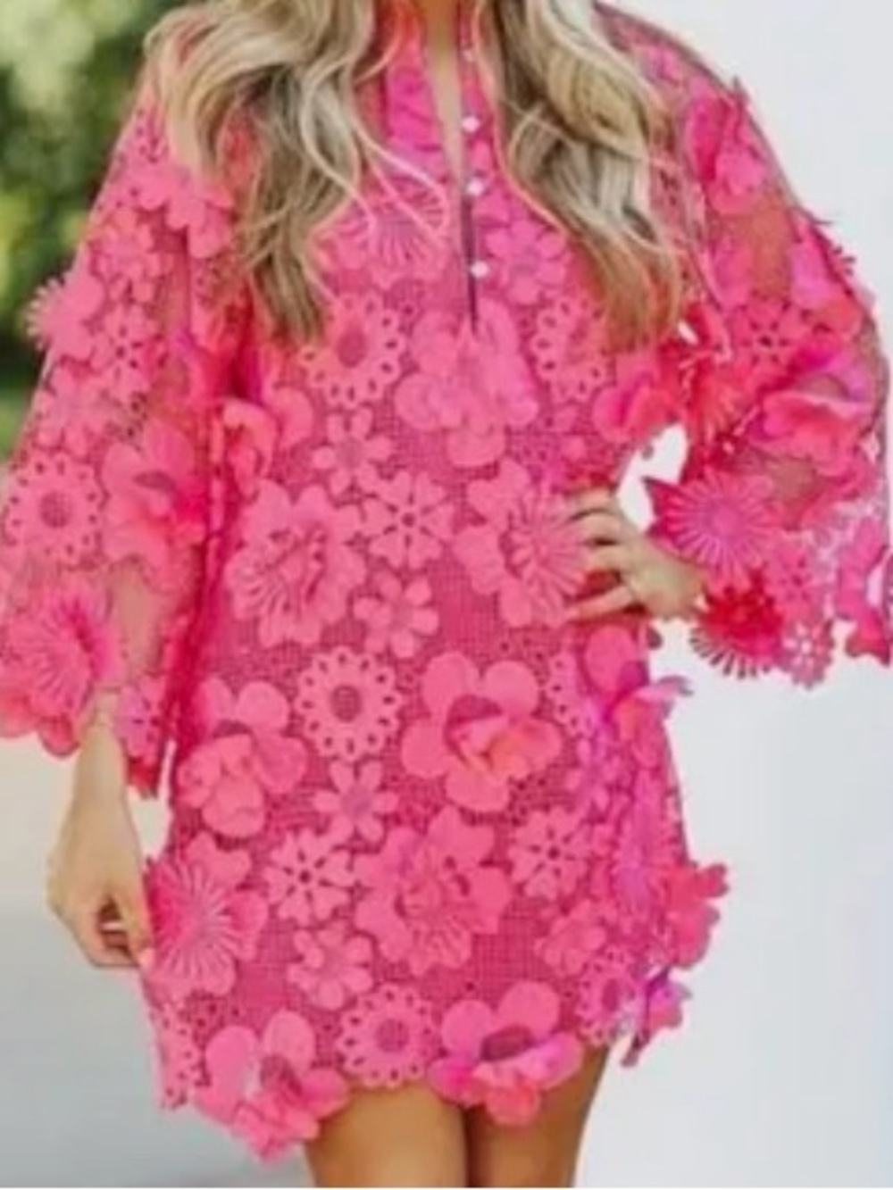 Bright Pink Floral Lace Midi Dress with 3D Appliqué